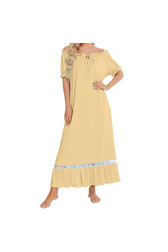 Womens Lace Victorian Nightgown Solid Color Short Sleeve Sleepwear Vintage Nightdress Comfortable Home Pajamas