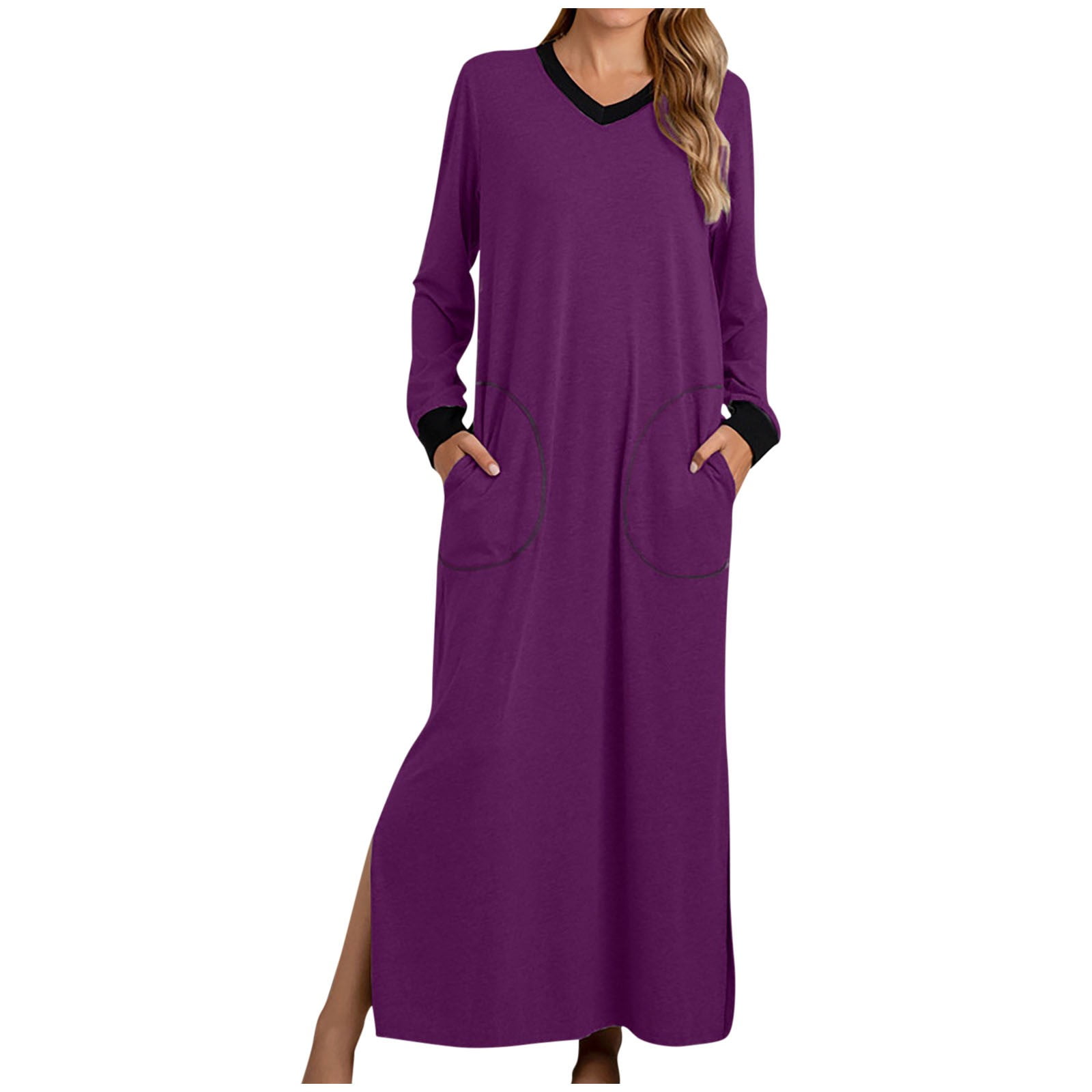 Hvot&aat Womens Nightgowns V Neck Nightshirts Long Sleeve Soft Sleepwear Side Split Long Nightdress Maxi House Dress with Pocket
