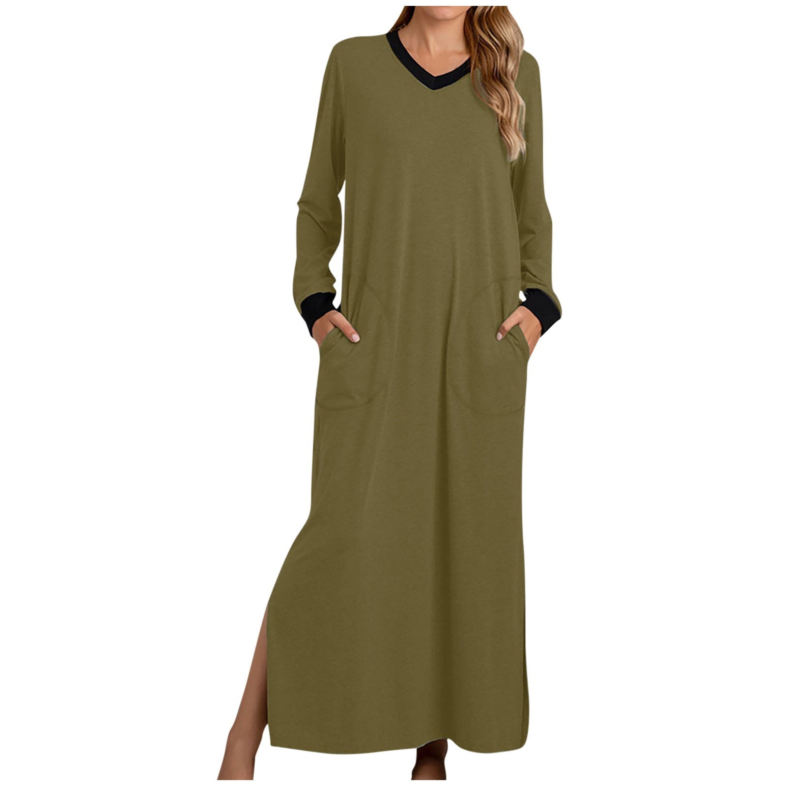 Hvot&aat Womens Nightgowns V Neck Nightshirts Long Sleeve Soft Sleepwear Side Split Long Nightdress Maxi House Dress with Pocket
