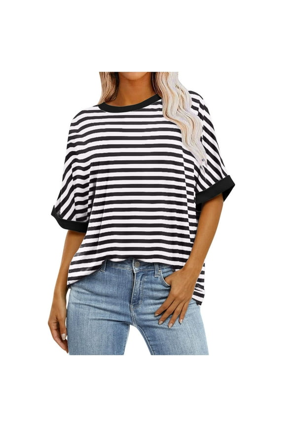 Womens Oversized Striped Color Block T-Shirts Short Sleeve Crewneck Basic Casual Summer Loose Pullover Tee Tops