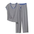 thumbnail image 1 of Hvot&aat Womens Pajamas 2 Piece Loose Striped Cap Sleeve V Neck T Shirts and Pants Sets Home Sleepwear, 1 of 3