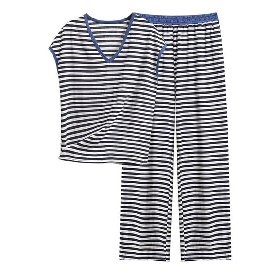 Hvot&aat Womens Pajamas 2 Piece Loose Striped Cap Sleeve V Neck T Shirts and Pants Sets Home Sleepwear