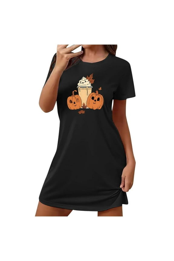 Womens Pajamas Halloween Ghost Printed Short Sleeve Nightdress Mini T Shirt Sleepwear