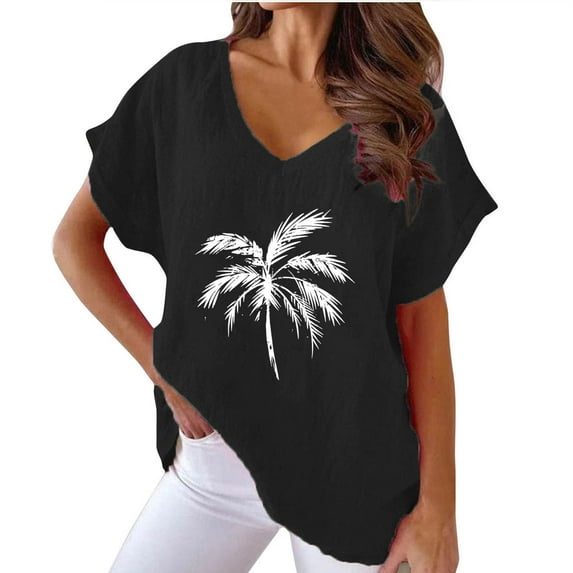 Hvot&aat Womens Palm Tree Print T-Shirt Simple Summer Vacation V-Neck Short Sleeve Tops Loose Fit Comfortable Blouses