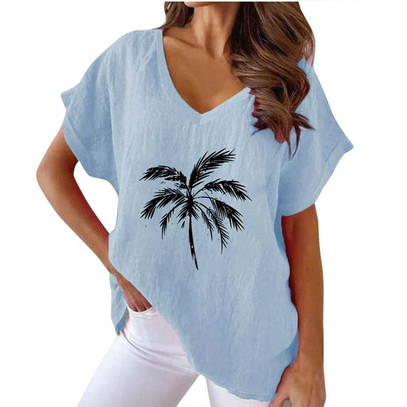 Hvot&aat Womens Palm Tree Print T-Shirt Simple Summer Vacation V-Neck Short Sleeve Tops Loose Fit Comfortable Blouses
