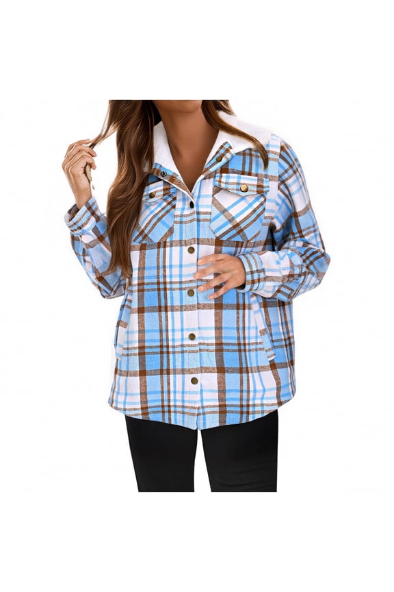 Womens Plaid Shacket Jacket Long Sleeve Button Down Fleece Hooded Casual Coat With Pockets