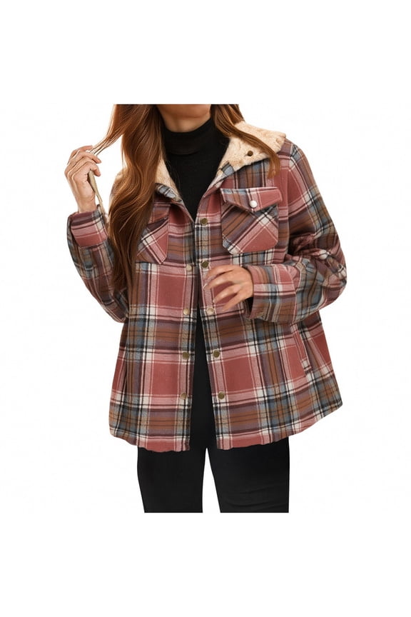 Womens Plaid Shacket Jacket Long Sleeve Button Down Fleece Hooded Casual Coat With Pockets