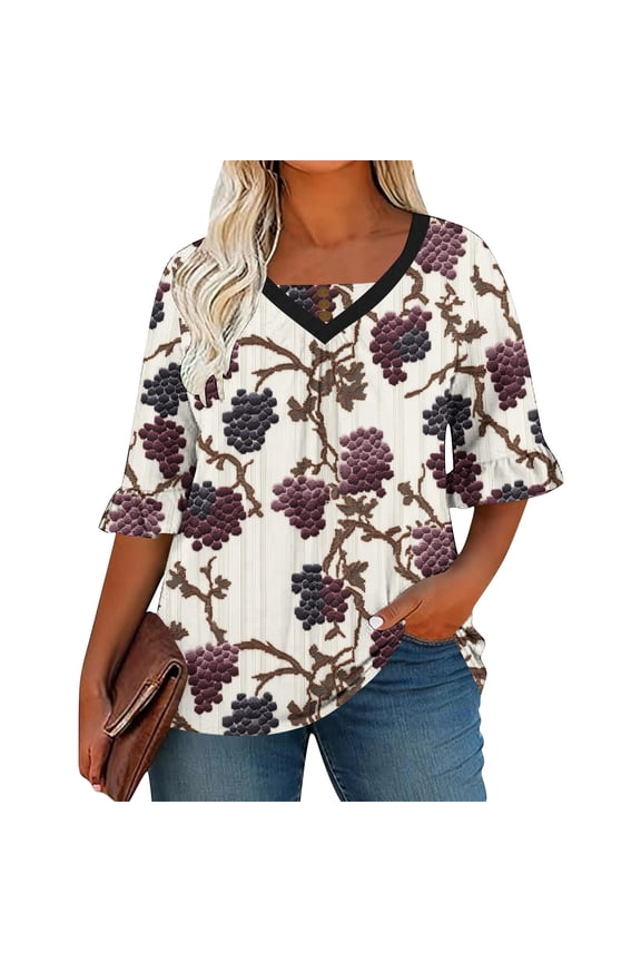 Womens Plus Size Boho Tops 3/4 Flared Sleeve Chest Pleated Printed T Shirts Square Neck Loose Fit Flowy Tunic Blouses