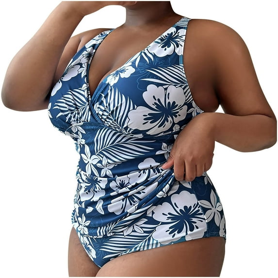 Hvot&aat Womens Plus Size One Piece Swimsuits Floral Halter Criss Cross Back Swimwear Vintage Ruched Bathing Suit