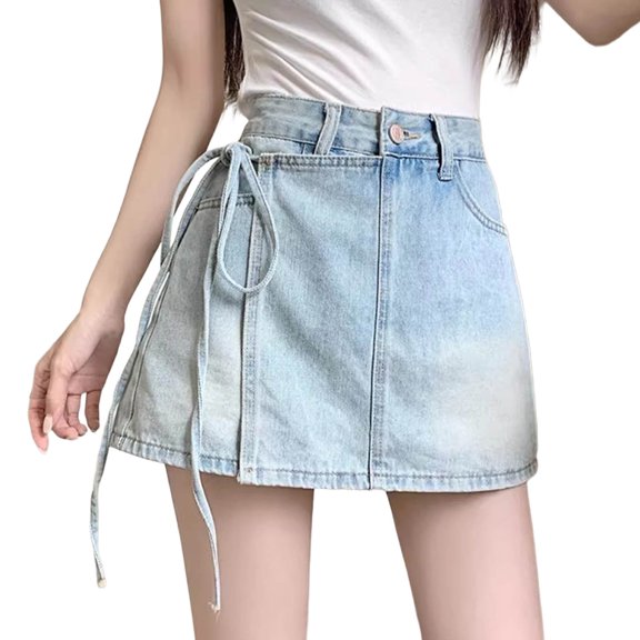 Hvot&aat Womens Plus Size Retro Skorts High Waisted Tie Up Denim Culotte Y2k Mini Denim Skirt Pants