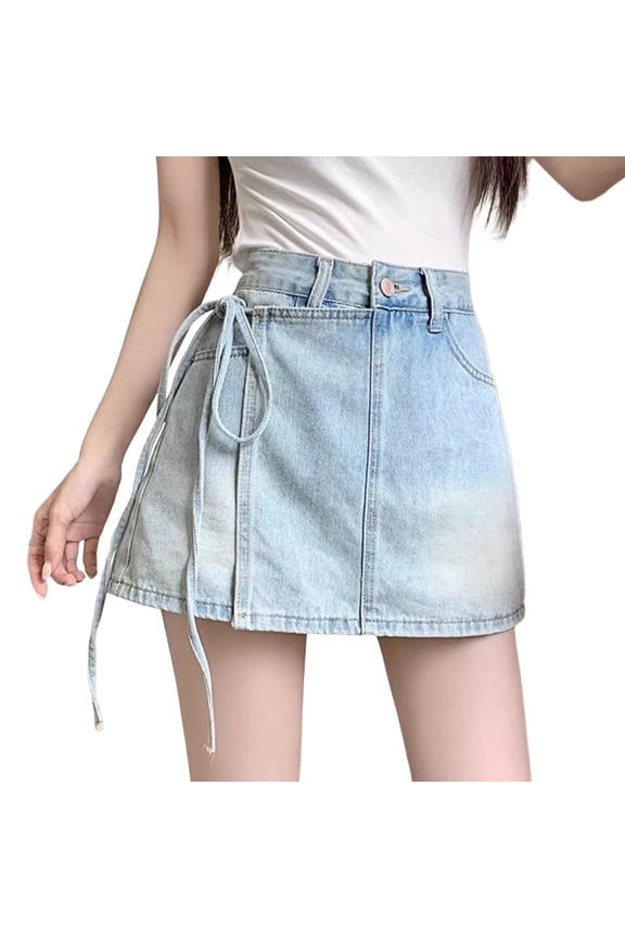 Womens Plus Size Retro Skorts High Waisted Tie Up Denim Culotte Y2k Mini Denim Skirt Pants
