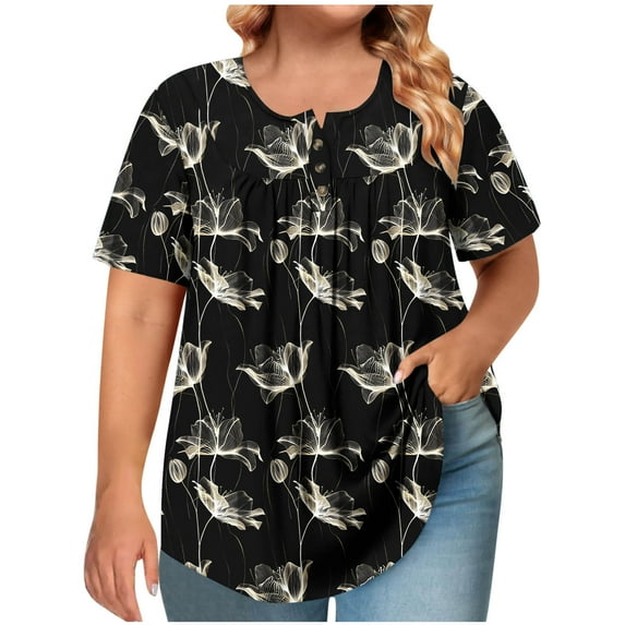 Hvot&aat Womens Plus Size Tops Short Sleeve V Neck Floral Print Blouse Casual Loose Flowy Tunic Tops For Beach Vacation