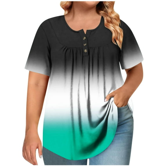 Hvot&aat Womens Plus Size Tops Short Sleeved Round Neck Button Up T-Shirts Pleated Front Flowy Tunics Tee