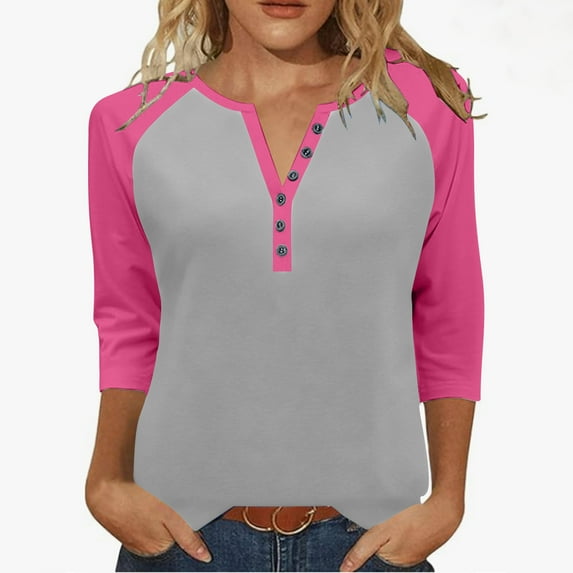Hvot&aat Womens Raglan Color Block Tops 3/4 Sleeve Button V Neck T-shirt Casual Regular Fit Basic Blouses