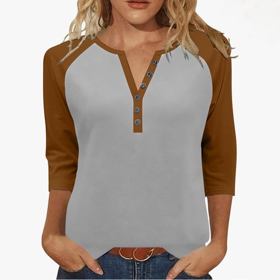 Hvot&aat Womens Raglan Color Block Tops 3/4 Sleeve Button V Neck T-shirt Casual Regular Fit Basic Blouses