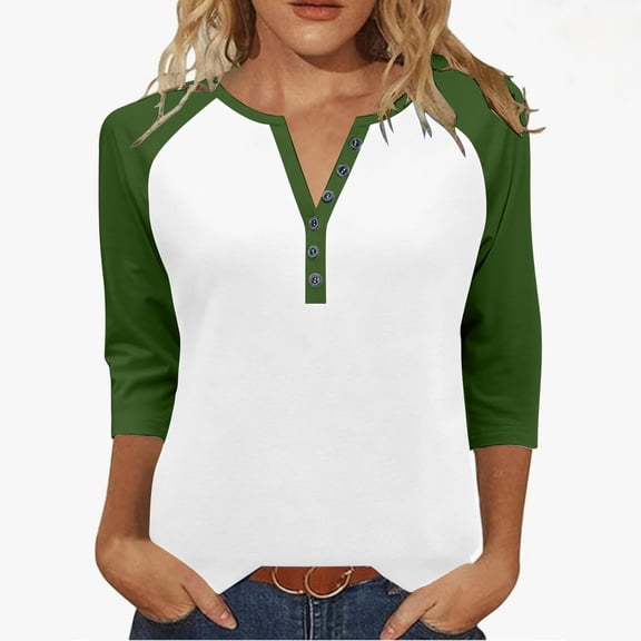 Hvot&aat Womens Raglan Color Block Tops 3/4 Sleeve Button V Neck T-shirt Casual Regular Fit Basic Blouses