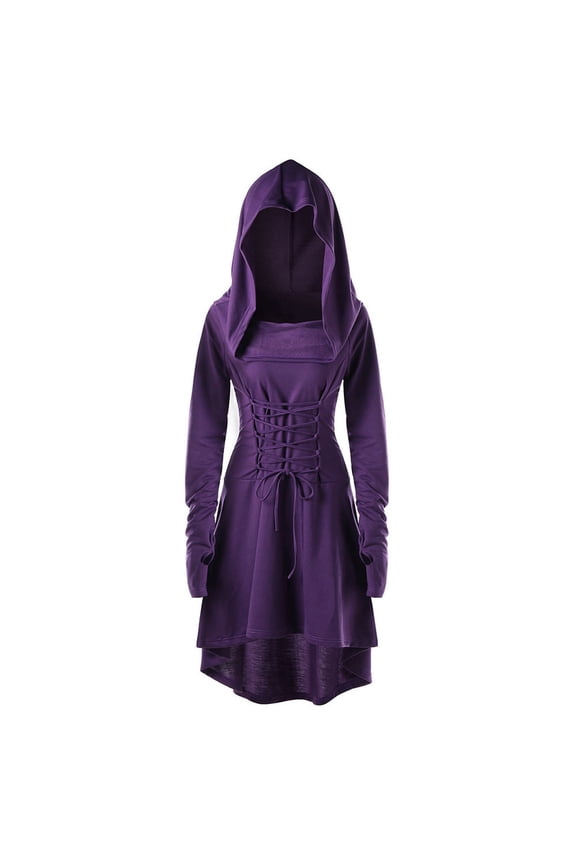 Womens Renaissance Halloween Costume Medieval Vintage Lace-Up Hooded Punk Gothic Pullover Dresses