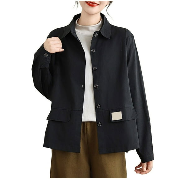 Hvot&aat Womens Retro Washable Cotton Tool Jacket Turndown Collar Button Long Sleeve Outerwear with Pockets