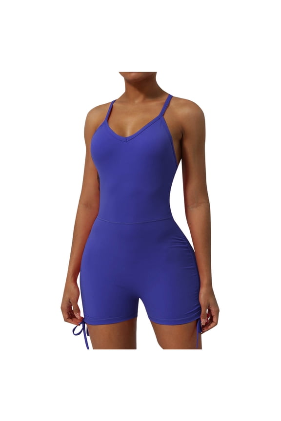 Womens Sexy Sleeveless Tight Jumpsuit Solid Color Side Drawstring Adjustable Short Rompers Fitting Yoga Jumpsuits