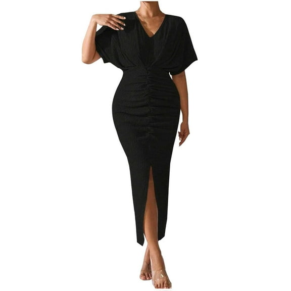 Hvot&aat Womens Sexy V-Neck Bat Sleeve Solid Color Package Hip Dress Stretch Long Dress Formal Slit Evening Long Dress