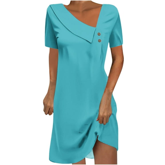 Hvot&aat Womens Skew V Neck Casual Dress, Short Sleeve Loose A-Line Summer Solid Color Swing Mid-Calf Lenght Dresses