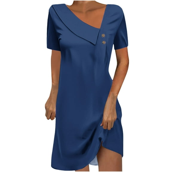 Hvot&aat Womens Skew V Neck Casual Dress, Short Sleeve Loose A-Line Summer Solid Color Swing Mid-Calf Lenght Dresses