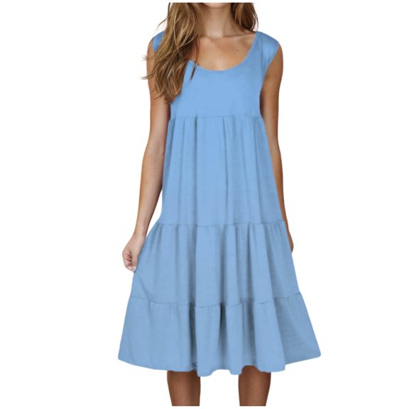Hvot&aat Womens Solid Color Beach Swing Sundress Pleated Tiered Loose Dresses Crew Neck Sleeveless A Line Tank Dress