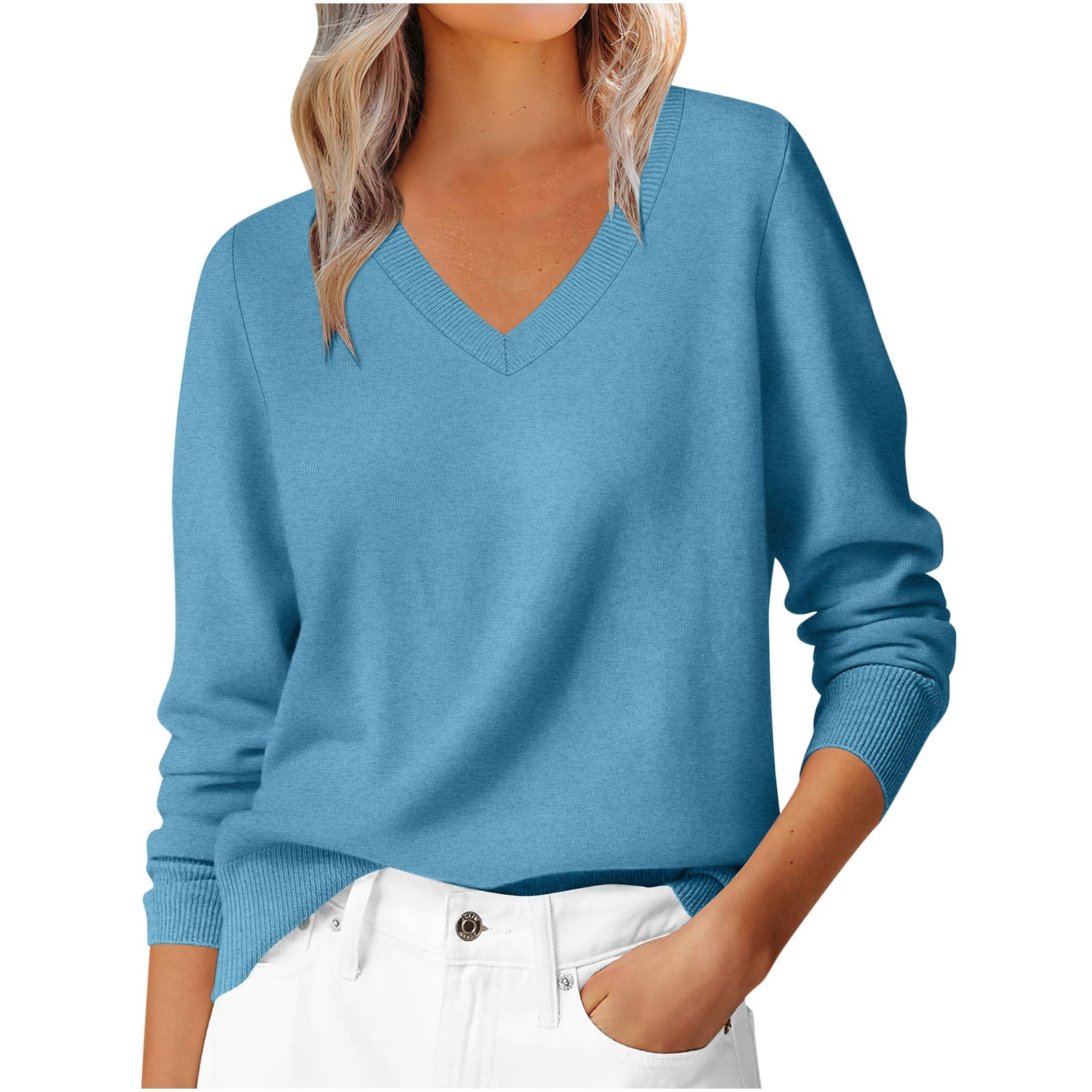 Hvot&aat Womens Solid Color Knitting Sweater Long Sleeve V Neck Classic Pullover Soft Lightweight Tops