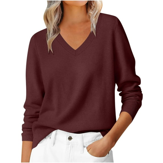 Hvot&aat Womens Solid Color Knitting Sweater Long Sleeve V Neck Classic Pullover Soft Lightweight Tops
