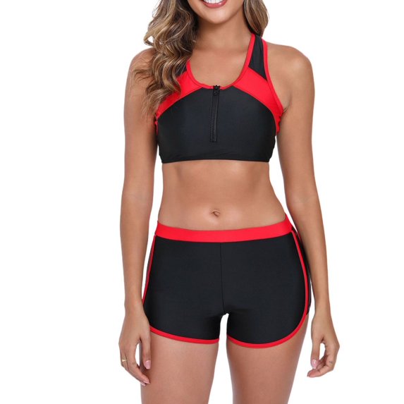 Hvot&aat Womens Sport Two Piece Swimsuits Color Block Zip Front Swimsuit Racerback Crop Top Swimsuit with Boyshorts