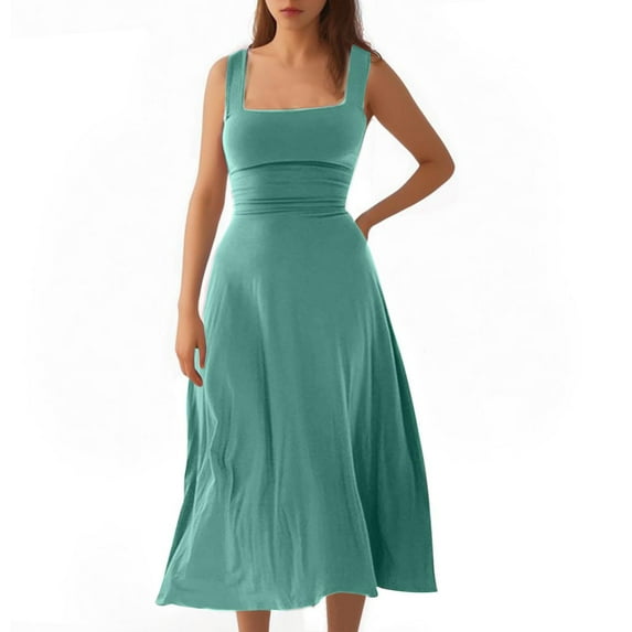 Hvot&aat Womens Square Neck Maxi Dress Casual Summer Sleeveless Swing A-line Long Tank Dresses Basic Full Slips