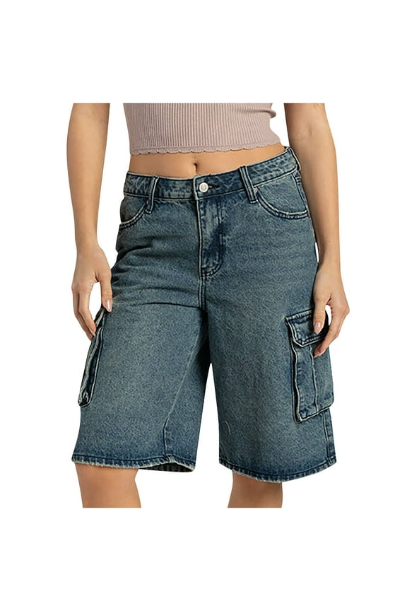 Womens Straight Tube Washed Cargo Pants Casual Bermuda Shorts Hip Hop Trouser Leg Knee Length Denim Pants