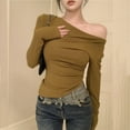 thumbnail image 1 of Hvot&aat Womens Stretchy Skinny Fit Tops Trendy Y2k Off Shoulder Long Sleeve Blouses Slim Fit Going Out Shirts, 1 of 3