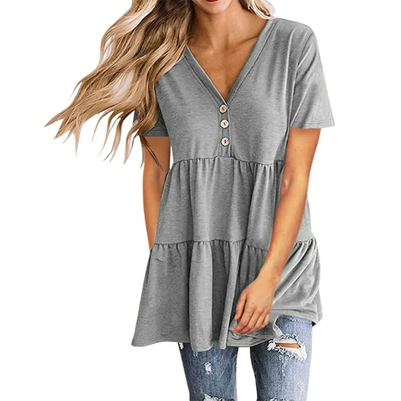 Hvot&aat Womens Summer Babydoll Tops Looser Fit Button V Neck Tunic Blouses Casual Short Sleeve Peplum T-Shirt Hide Belly Fat