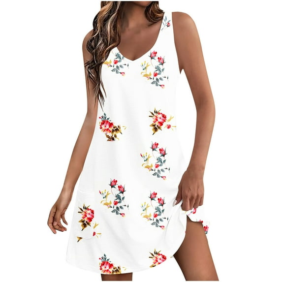 Hvot&aat Womens Summer Beach Sundress Casual V Neck Sleeveless Floral Tank Dress Vacation A-Line Dresses With Pockets