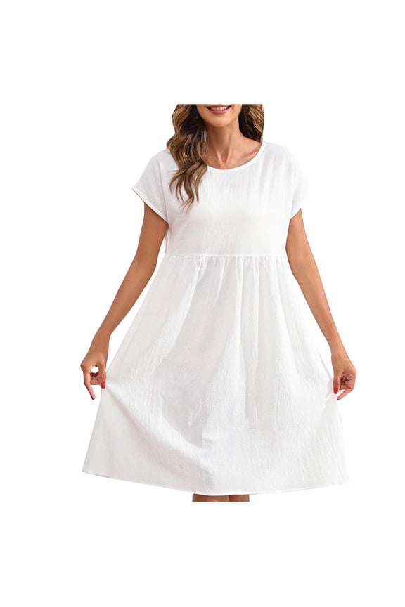 Womens Summer Cotton Linen Dress Loose Fit Crewneck Short Sleeve Casual Solid Swing Midi Dresses