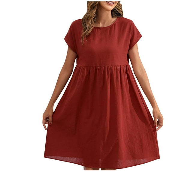 Hvot&aat Womens Summer Cotton Linen Dress Loose Fit Crewneck Short Sleeve Casual Solid Swing Midi Dresses