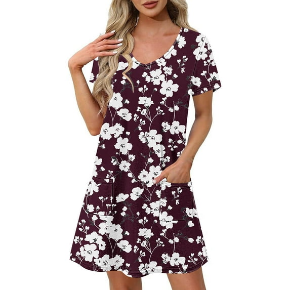 Hvot&aat Womens Summer Dress Floral Print Casual Short Sleeve Dress with Pockets A-Line Swing Dress for Beach or Daily Wear