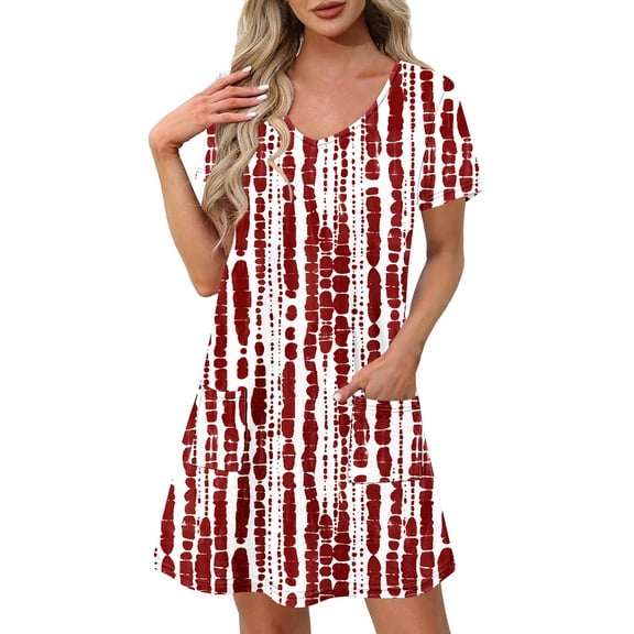 Hvot&aat Womens Summer Dress Floral Print Casual Short Sleeve Dress with Pockets A-Line Swing Dress for Beach or Daily Wear