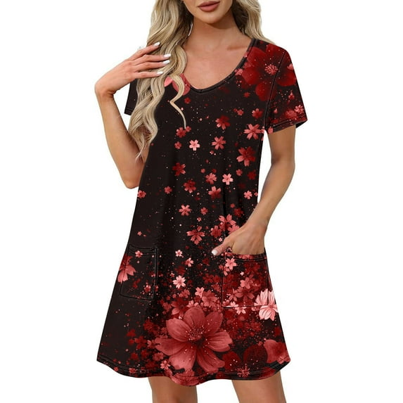 Hvot&aat Womens Summer Dress Floral Print Casual Short Sleeve Dress with Pockets A-Line Swing Dress for Beach or Daily Wear