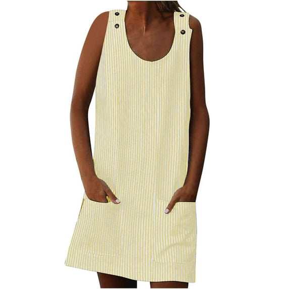 Hvot&aat Womens Summer Dresses Sleeveless Striped Print Button Strap Short Dress Casual Tank Dress with Pockets