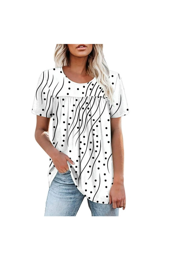 Womens Summer Exotic Floral Printed T Shirts Casual Pleated Short Sleeve Blouses Loose Flowy Pullover