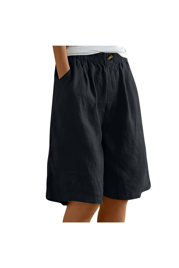 Womens Summer Linen Wide Leg Pants Comfy Bermuda Shorts Elastic Waist Buttons Beach Pants with Pocket