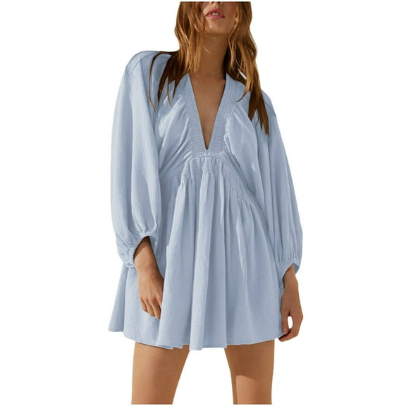 Hvot&aat Womens Summer Pleated Mini Dresses Lantern Sleeve Loose Solid V Neck Babydoll Tunic Dress Cute Beach Vacation Outfits
