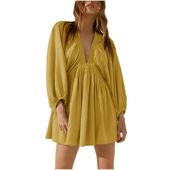 Hvot&aat Womens Summer Pleated Mini Dresses Lantern Sleeve Loose Solid V Neck Babydoll Tunic Dress Cute Beach Vacation Outfits