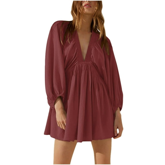 Hvot&aat Womens Summer Pleated Mini Dresses Lantern Sleeve Loose Solid V Neck Babydoll Tunic Dress Cute Beach Vacation Outfits