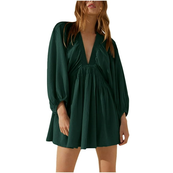 Hvot&aat Womens Summer Pleated Mini Dresses Lantern Sleeve Loose Solid V Neck Babydoll Tunic Dress Cute Beach Vacation Outfits