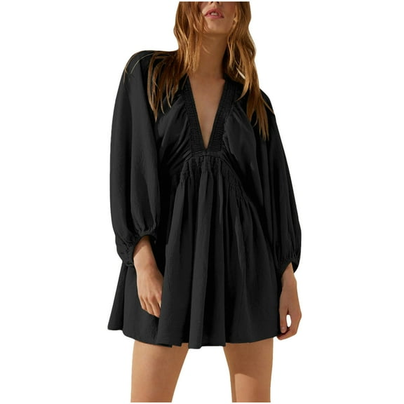 Hvot&aat Womens Summer Pleated Mini Dresses Lantern Sleeve Loose Solid V Neck Babydoll Tunic Dress Cute Beach Vacation Outfits