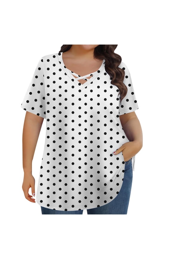 Womens Summer Plus Size T-Shirts Casual Polka Dot Short Sleeve Tops Cross V Neck Loose Fit Tee