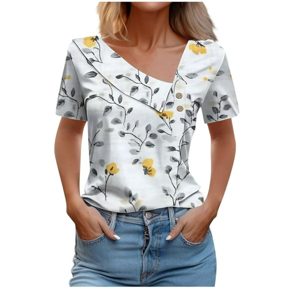 Hvot&aat Womens Summer Printed T-shirt Asymmetric Neck Short Sleeve Tops Loose Fit Basic Trendy Tops